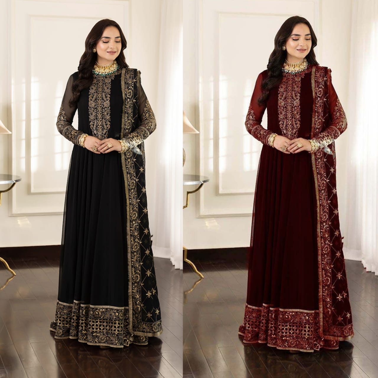 ASIM JOFA CHIFFON MAXI EMBROIDERED & SEQUENCE WEDDING UNSTITCED 3PC✓