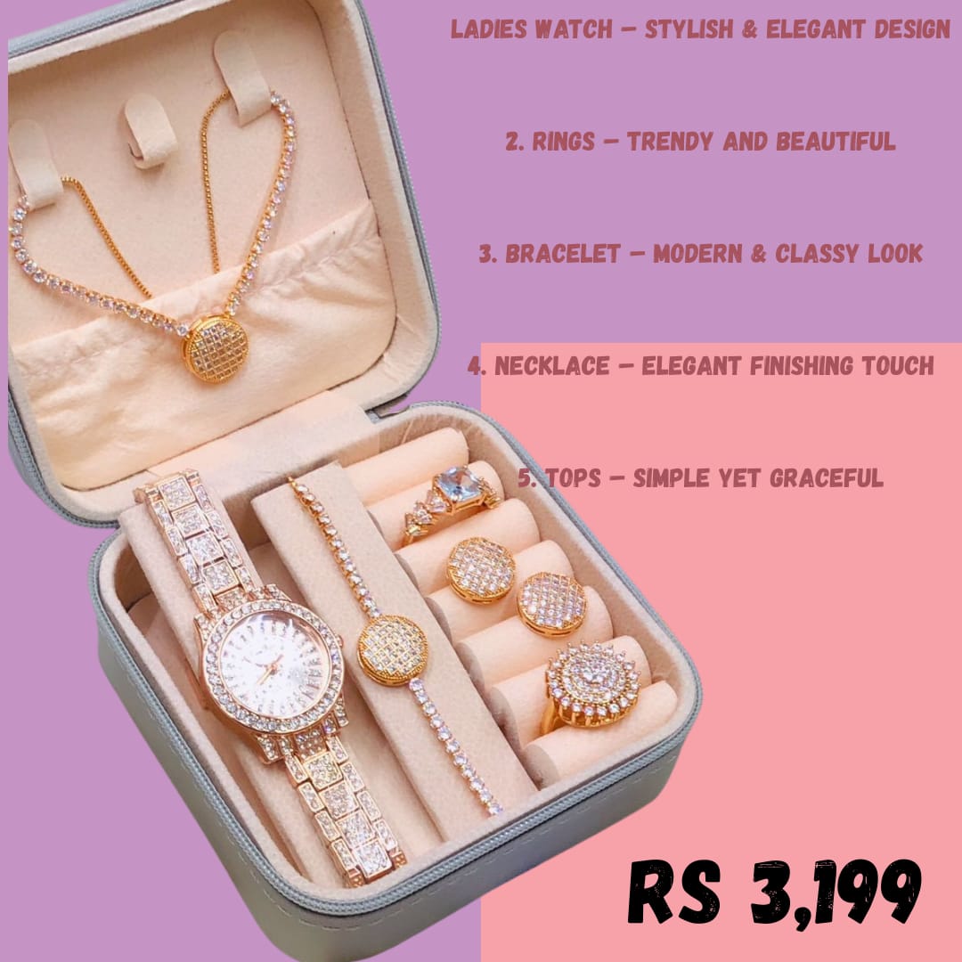 BLACK & GOLDEN JEWELRY & WATCH GIFT SET