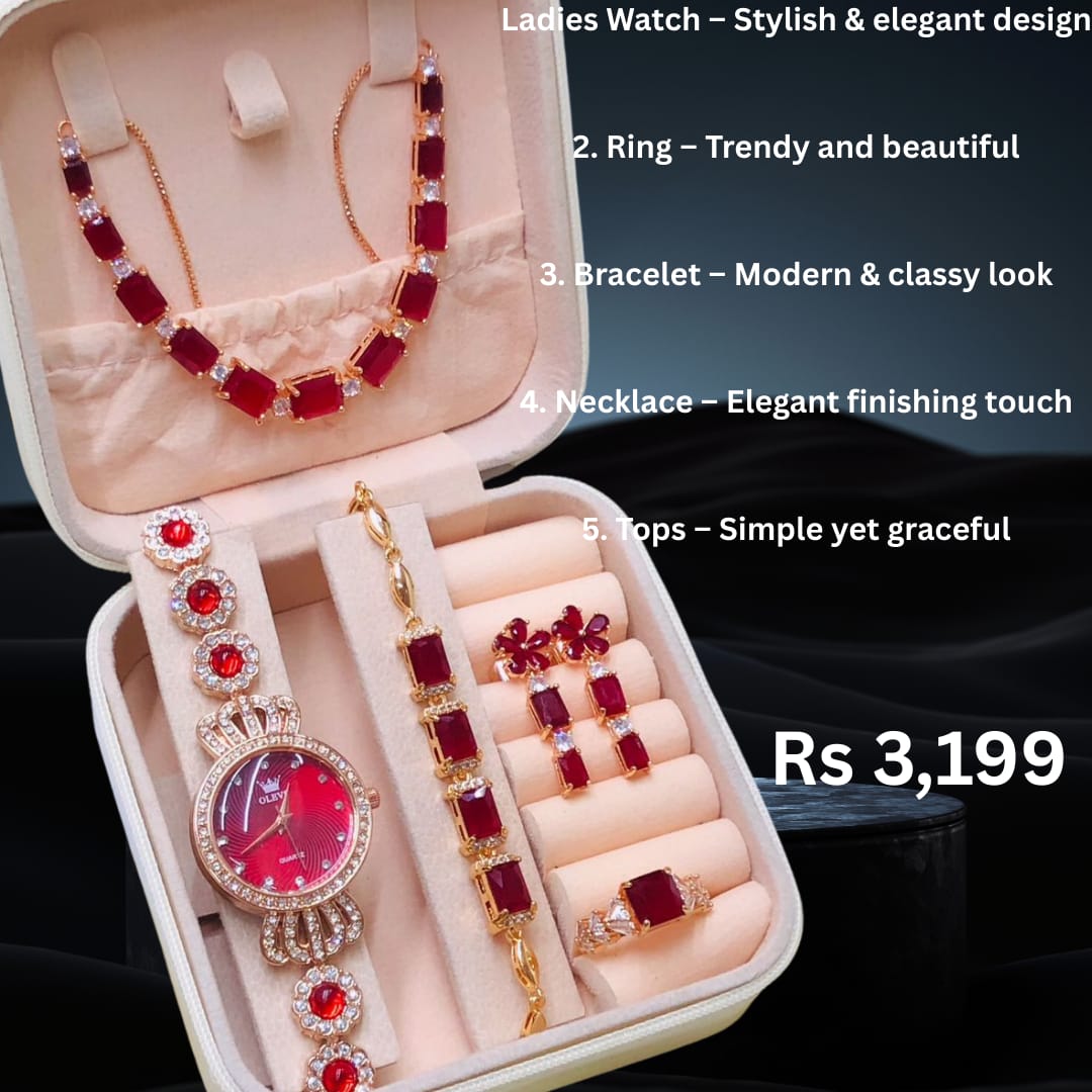 RED & GOLDEN JEWELLERY WATCH SET