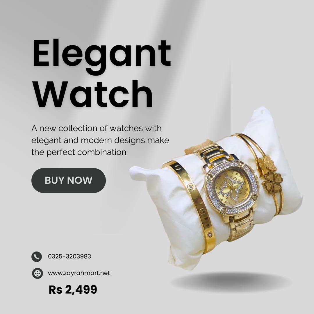 STYLISH GOLD-TONE WRISTWATCH WITH CRYSTAL EMBELLISHMENTS, PAIRED WITH MATCHING GOLD BANGLES AND BRACELETS, DISPLAYED ON A WHITE CUSHION.