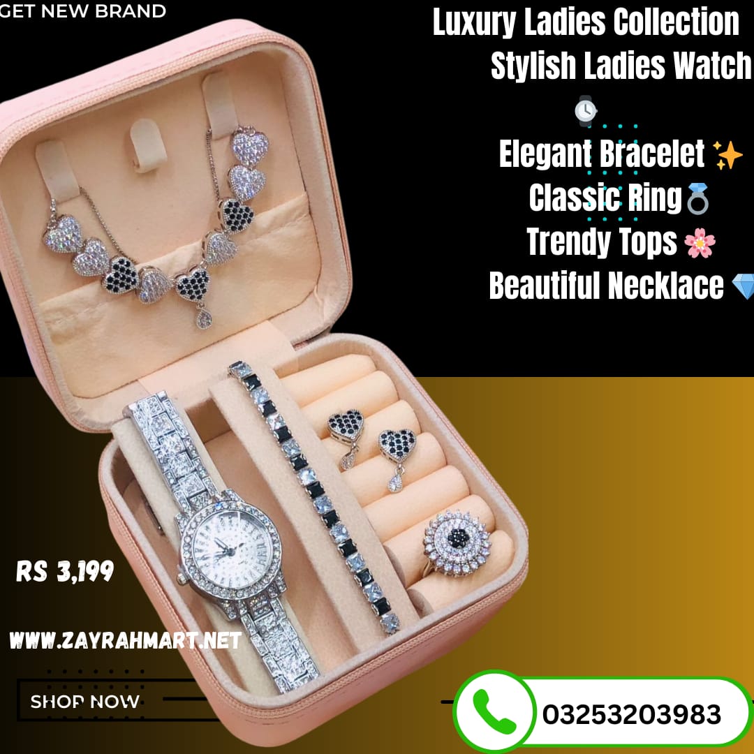 STYLISH LADIES WATCH ⌚  ELEGANT BRACELET ✨  CLASSIC RINGS 💍  TRENDY TOPS (EARRINGS) 🌸  BEAUTIFUL NECKLACE