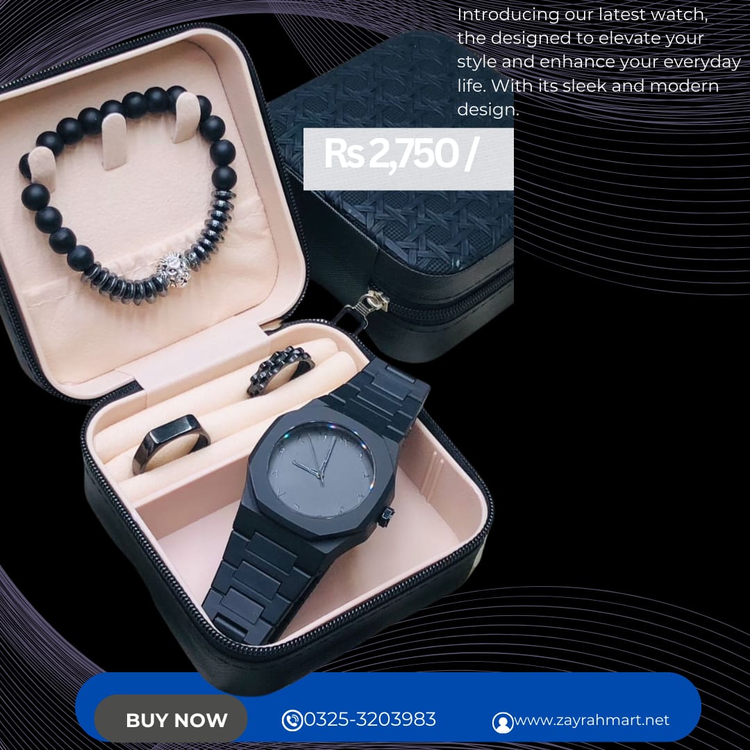 A SLEEK BLACK WRISTWATCH WITH A MATCHING BRACELET AND RINGS