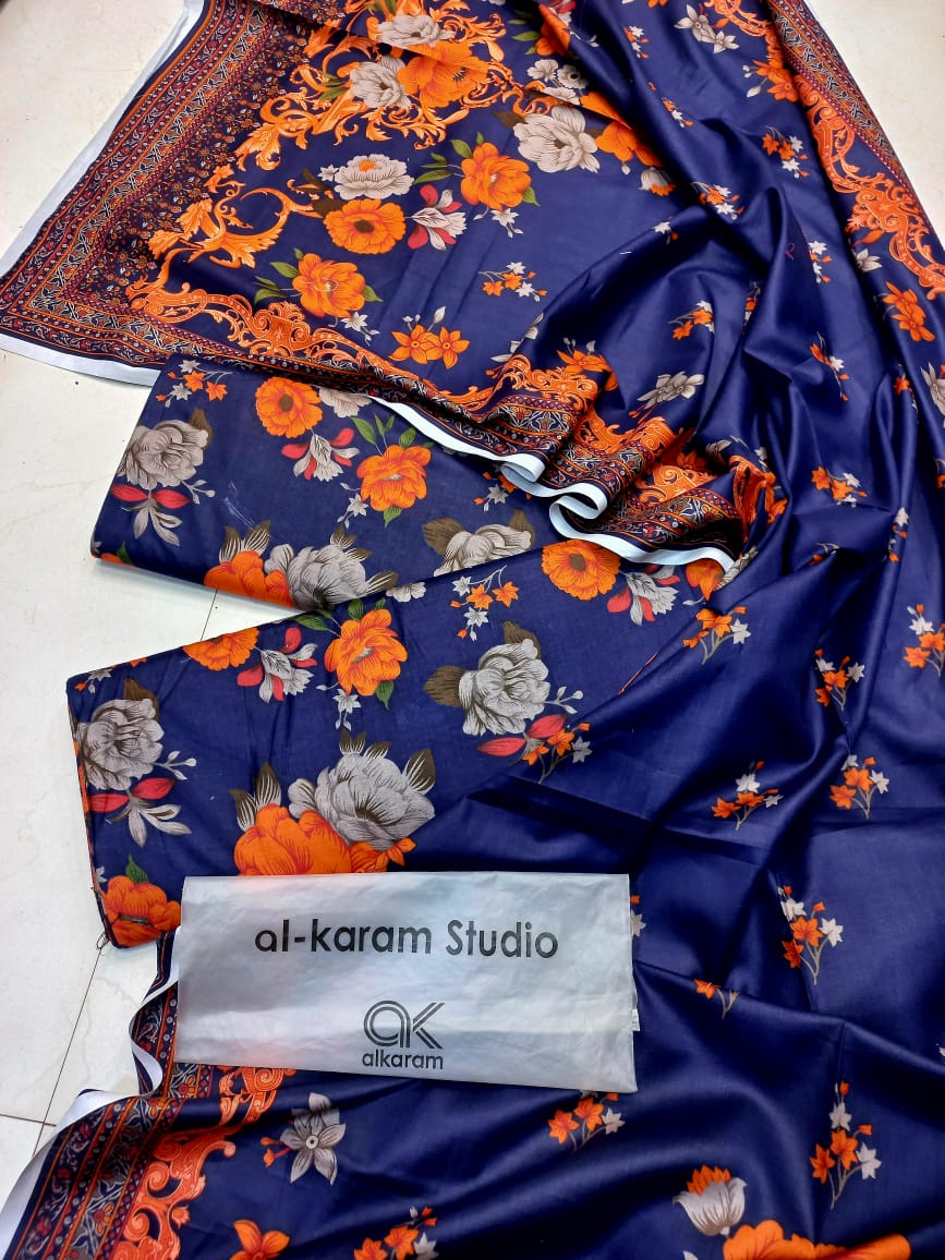 AL KARAM KASTORI 3PES LAWN PRENTED SHRIT  PRENTED TROUSER WITH LAWN DUPATTA