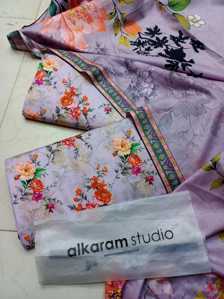 AL KARAM KASTORI 3PES LAWN PRENTED SHRIT  PRENTED TROUSER WITH LAWN DUPATTA