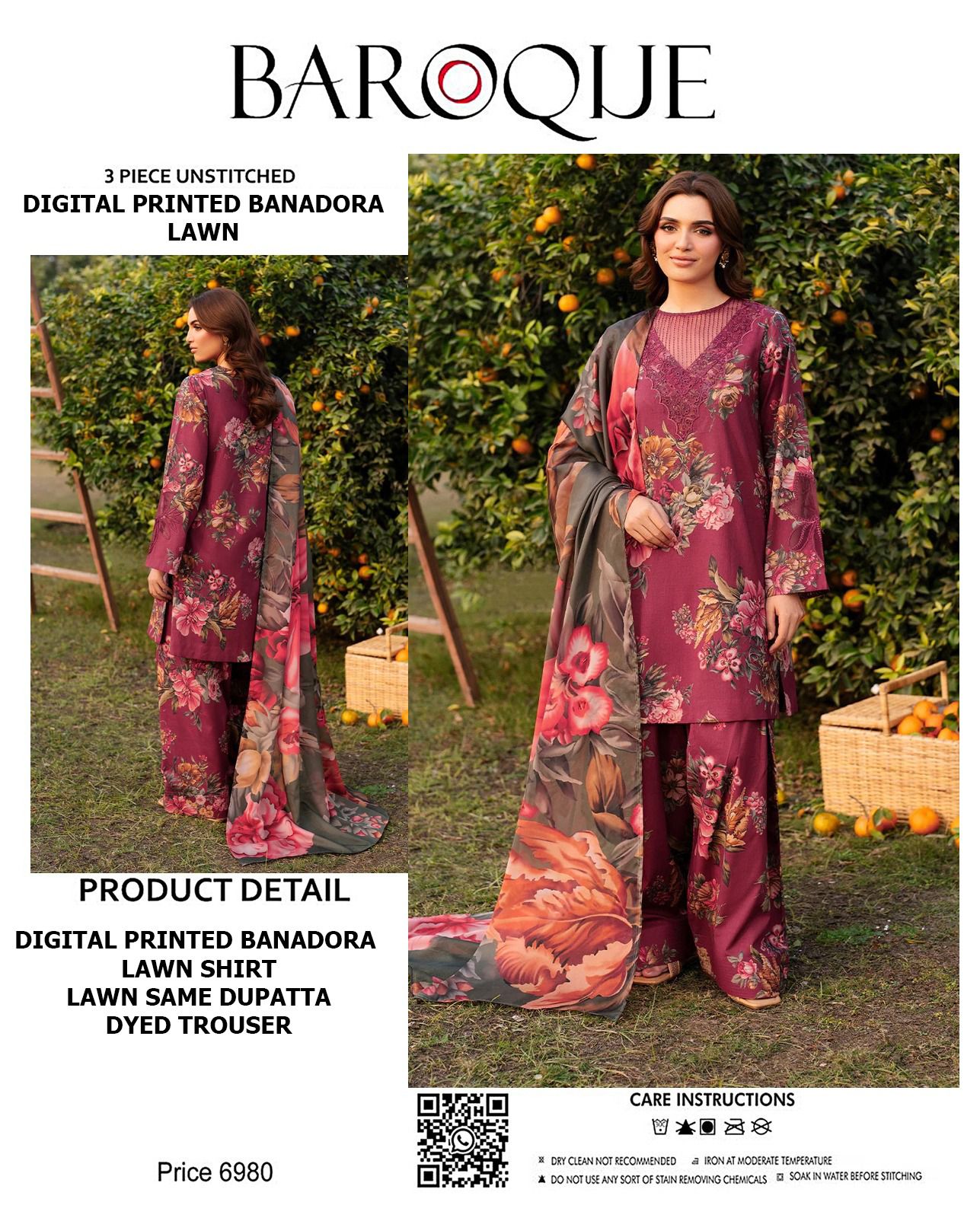 BAROQUE Lawn Bana Dora all Over Unstitced 3pc✓