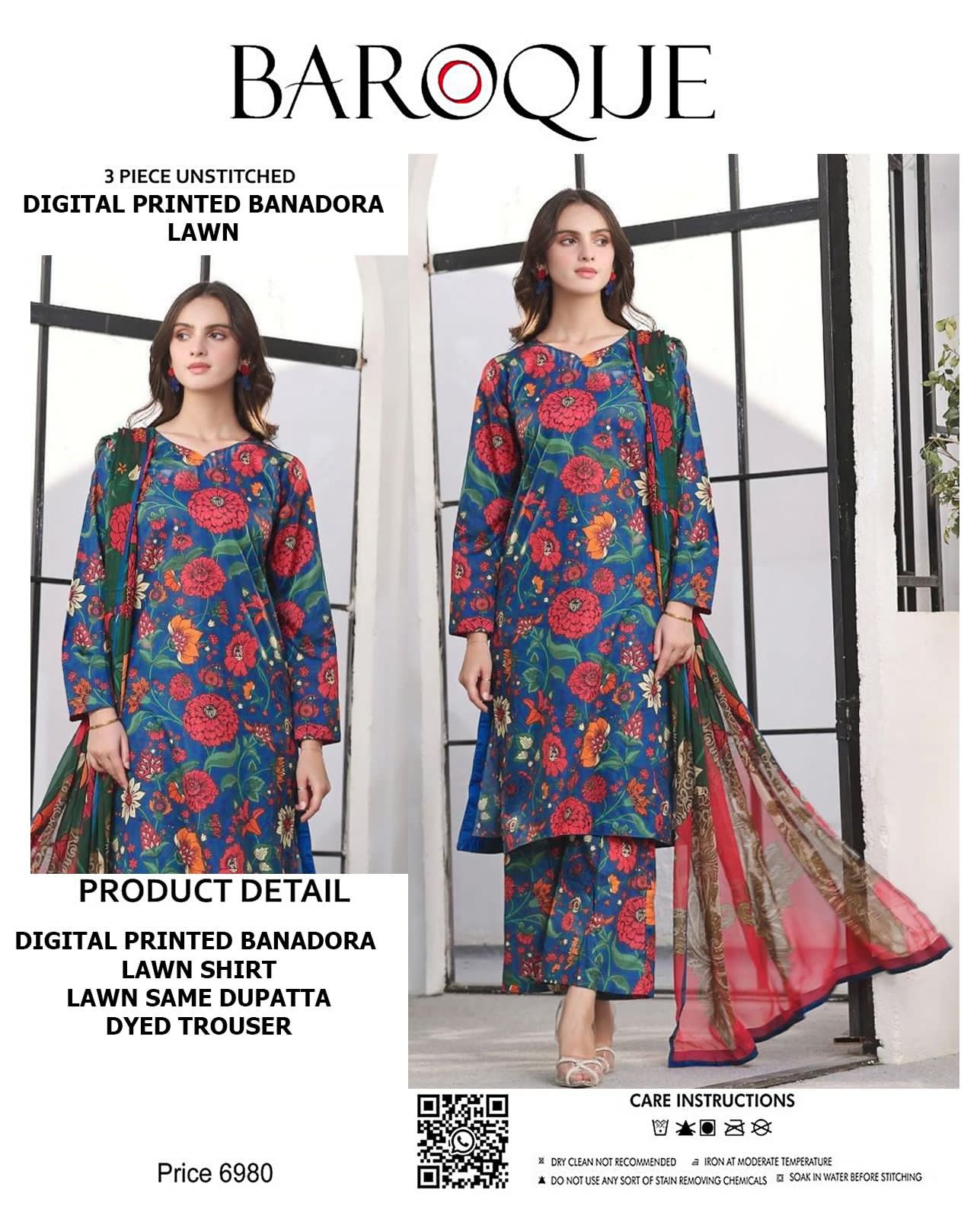 BAROQUE Lawn Bana Dora all Over Unstitced 3pc✓