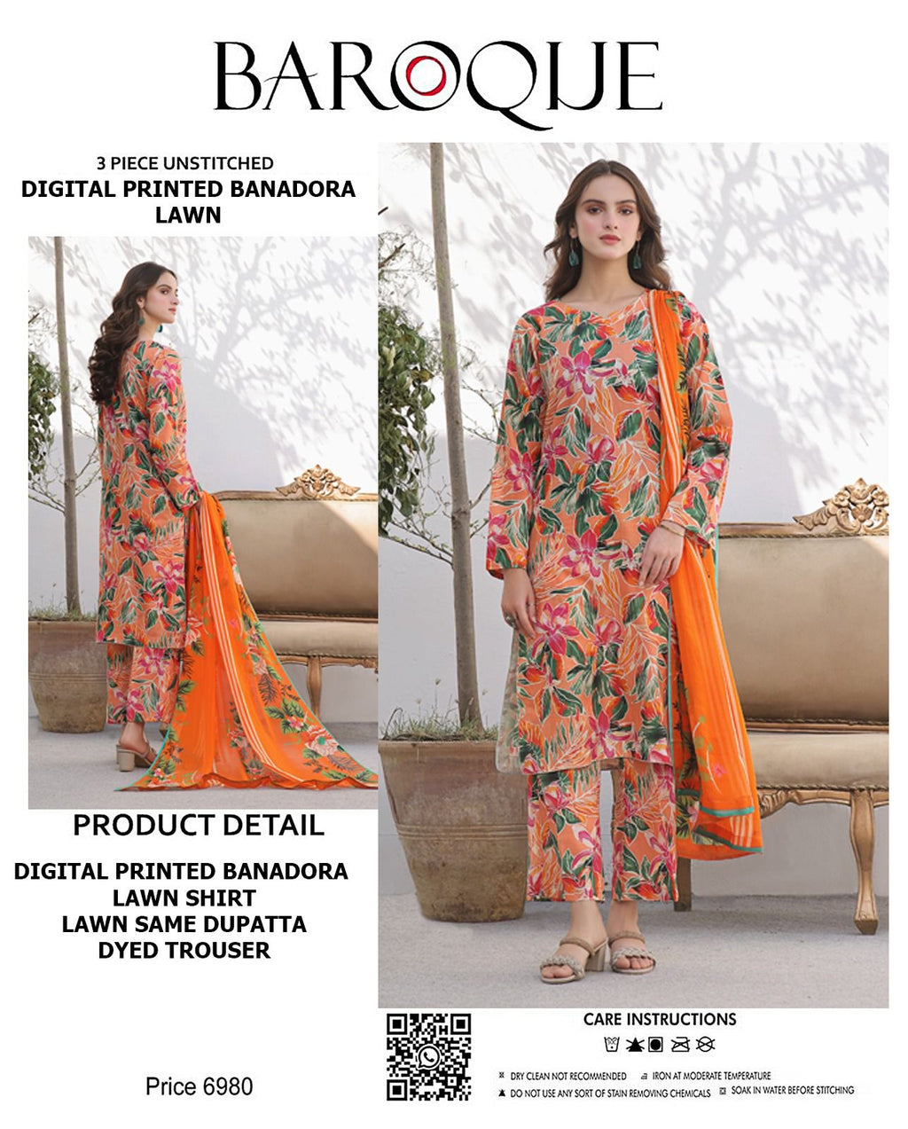 BAROQUE Lawn Bana Dora all Over Unstitced 3pc✓