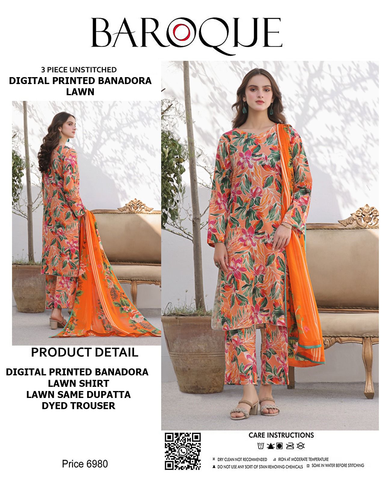 BAROQUE Lawn Bana Dora all Over Unstitced 3pc✓