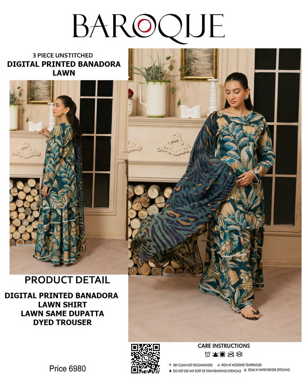 BAROQUE Lawn Bana Dora all Over Unstitced 3pc✓