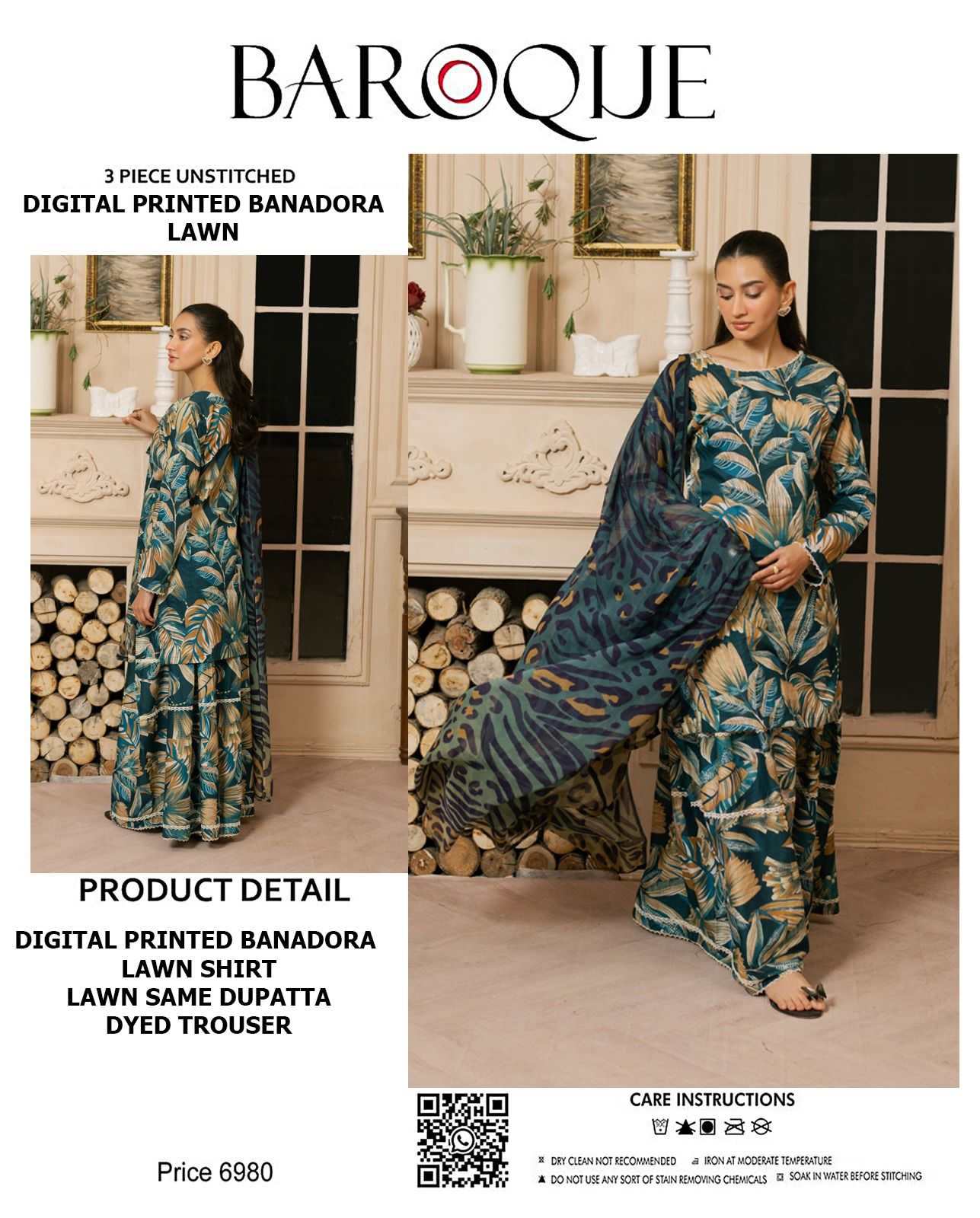 BAROQUE Lawn Bana Dora all Over Unstitced 3pc✓