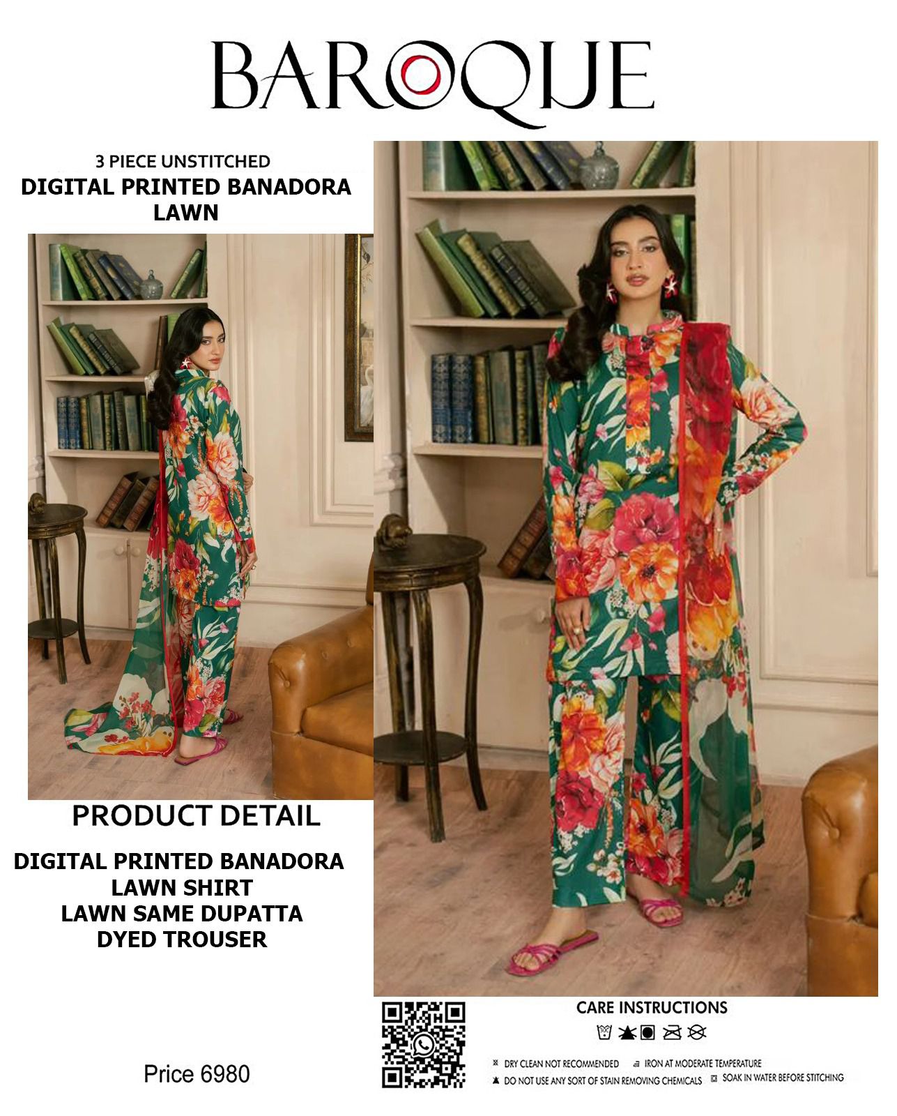 BAROQUE Lawn Bana Dora all Over Unstitced 3pc✓