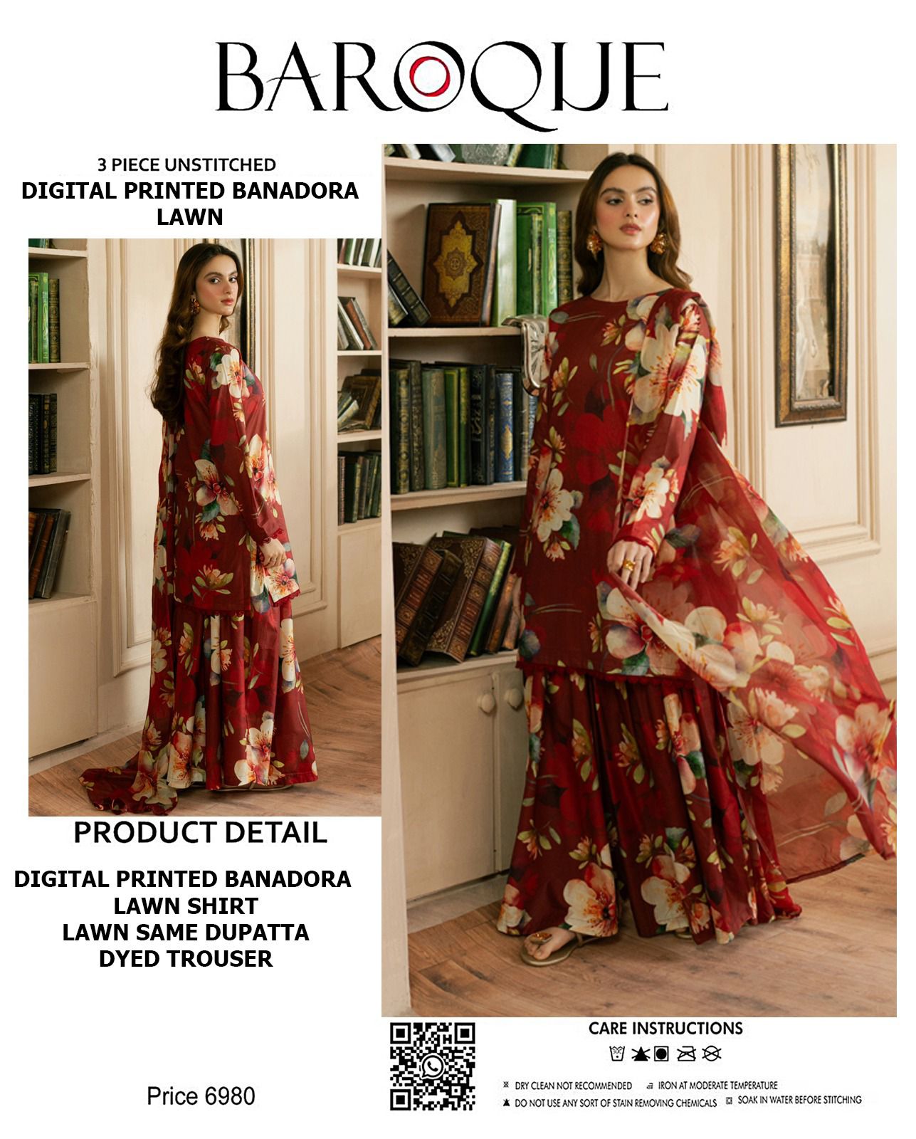 BAROQUE Lawn Bana Dora all Over Unstitced 3pc✓