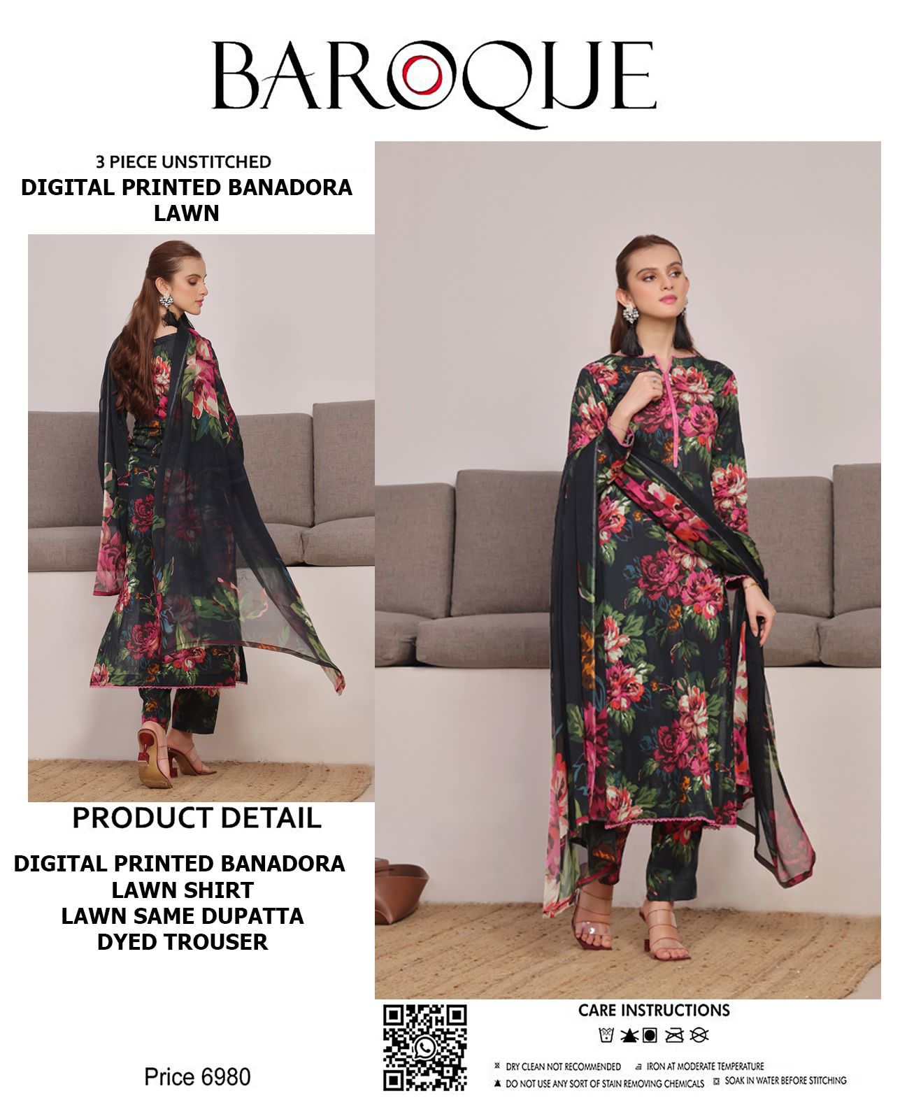 BAROQUE Lawn Bana Dora all Over Unstitced 3pc✓