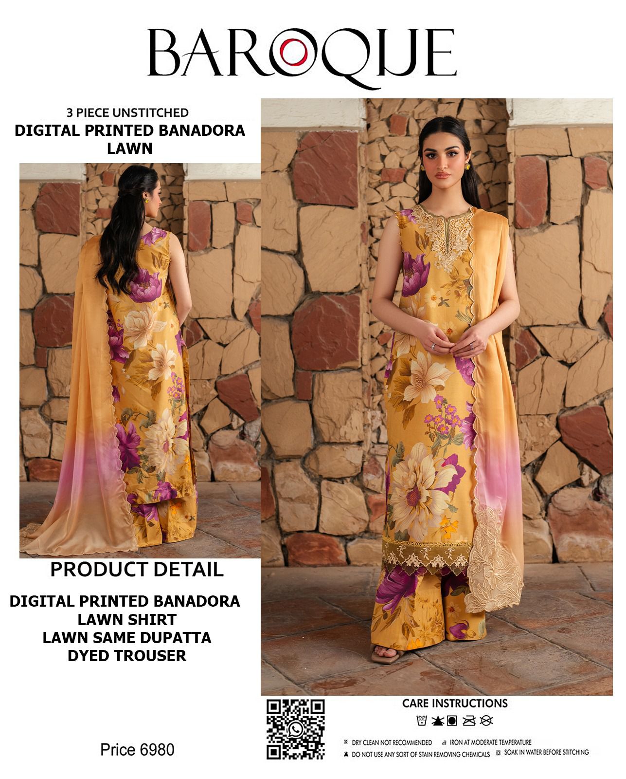 BAROQUE Lawn Bana Dora all Over Unstitced 3pc✓