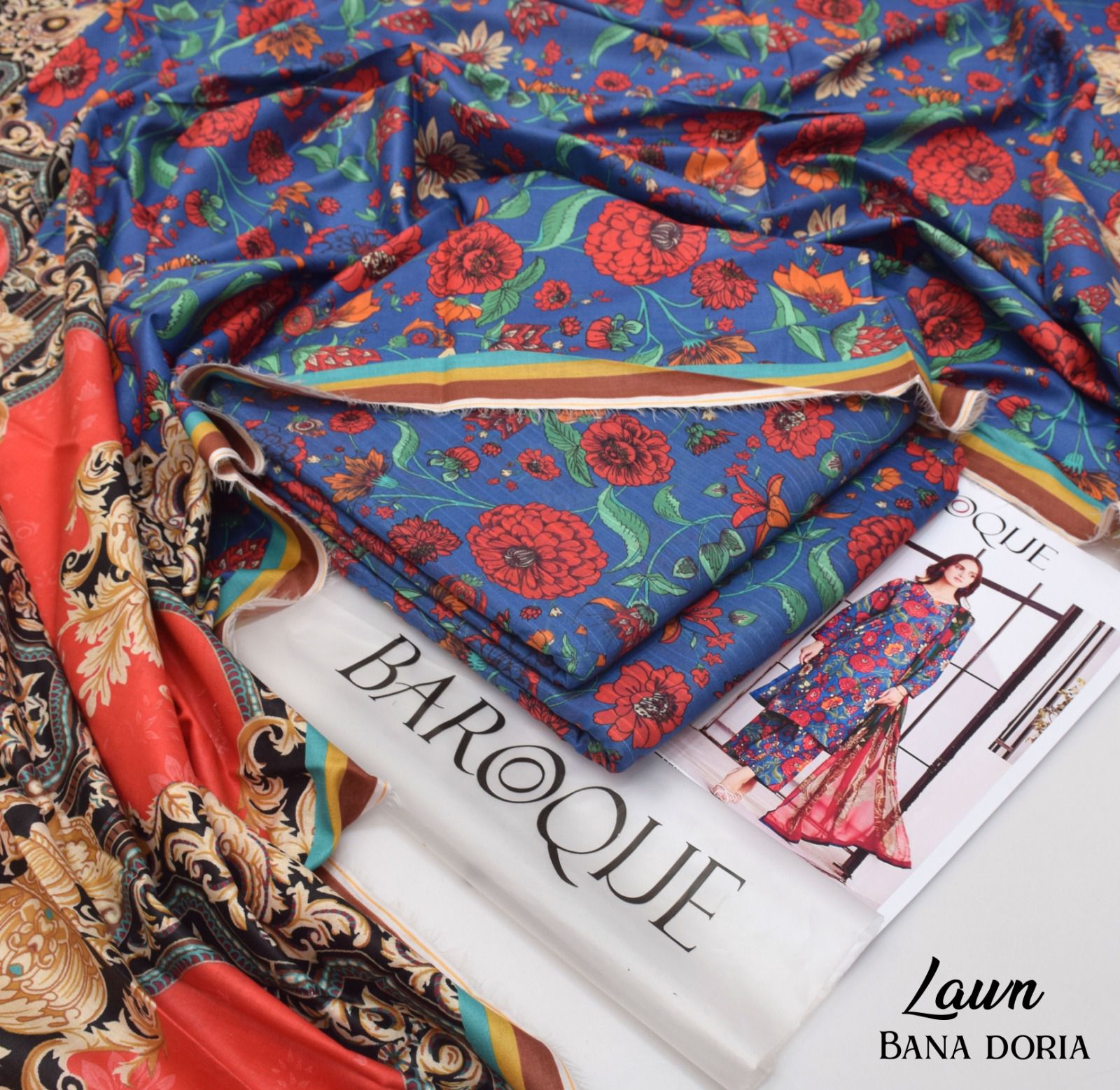 BAROQUE Lawn Bana Dora all Over Unstitced 3pc✓