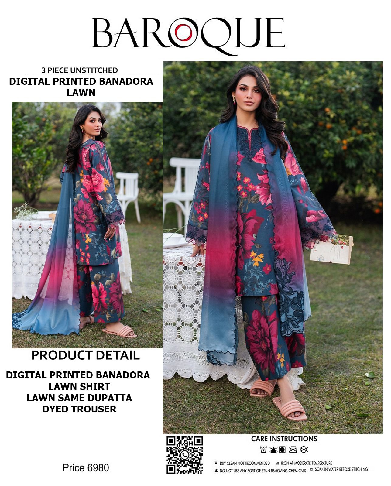 BAROQUE Lawn Bana Dora all Over Unstitced 3pc✓