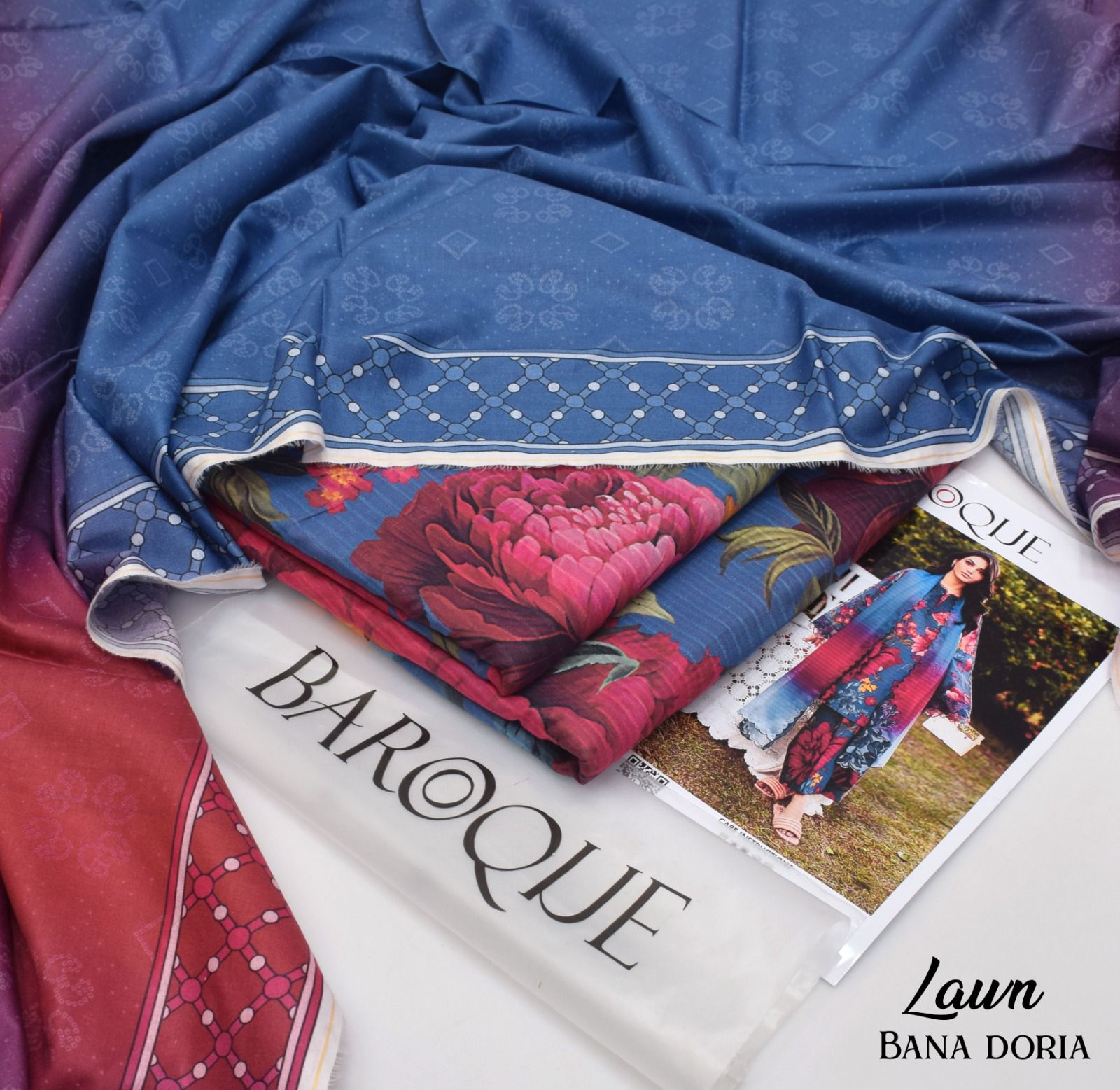 BAROQUE Lawn Bana Dora all Over Unstitced 3pc✓