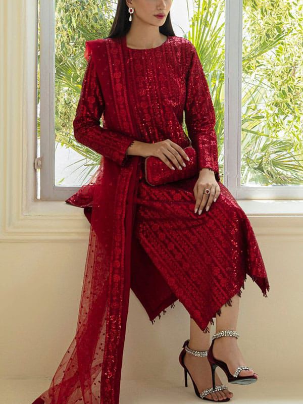 BAROQUE CHIFFON EMBROIDERED SEQUENCE LUXURY FORMAL UNSTITCED 3PC✓