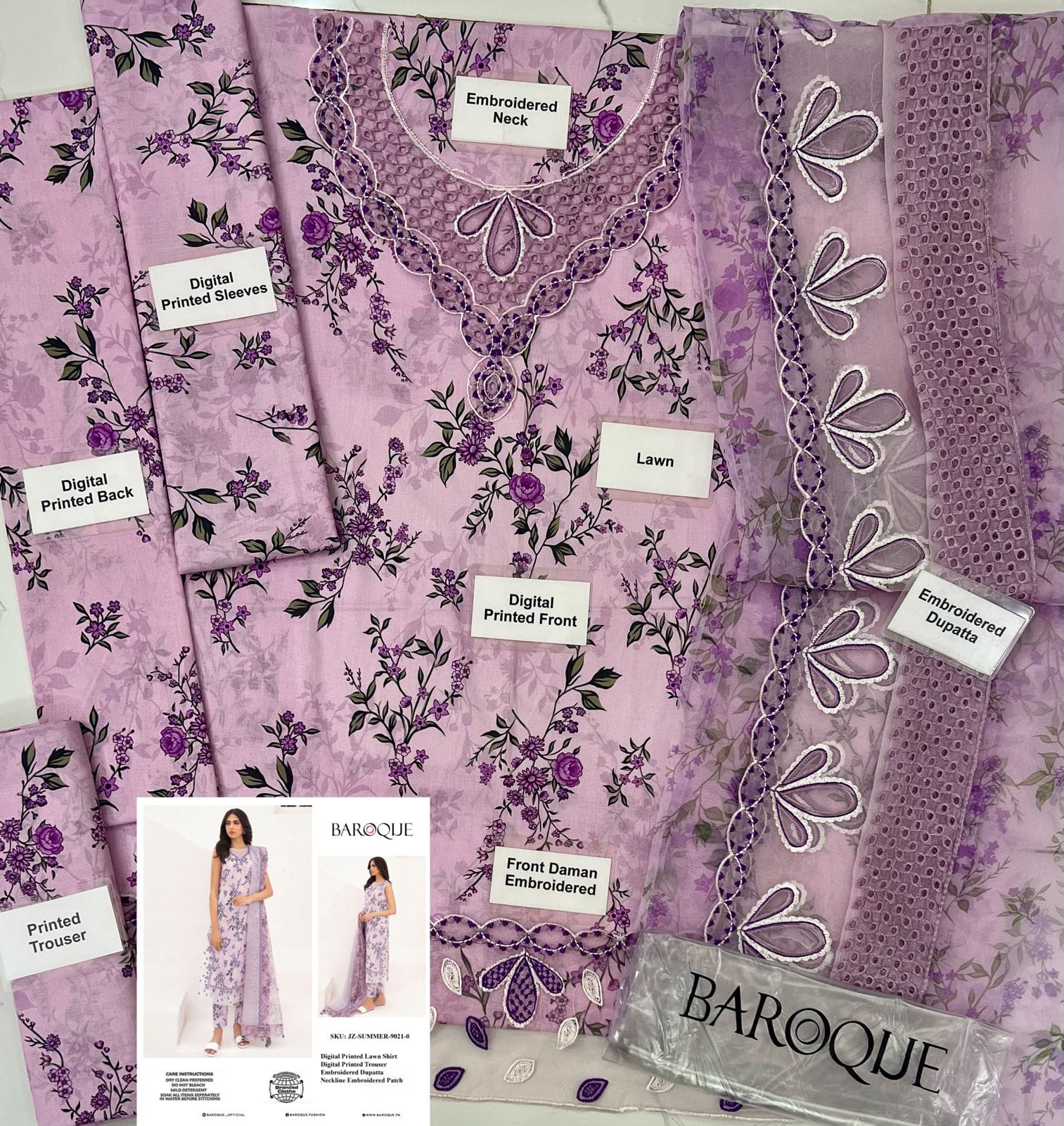 BAROQUE LAWN PRINTED EMBROIDERED PATCH-WORK UNSTITCED 3PC✓