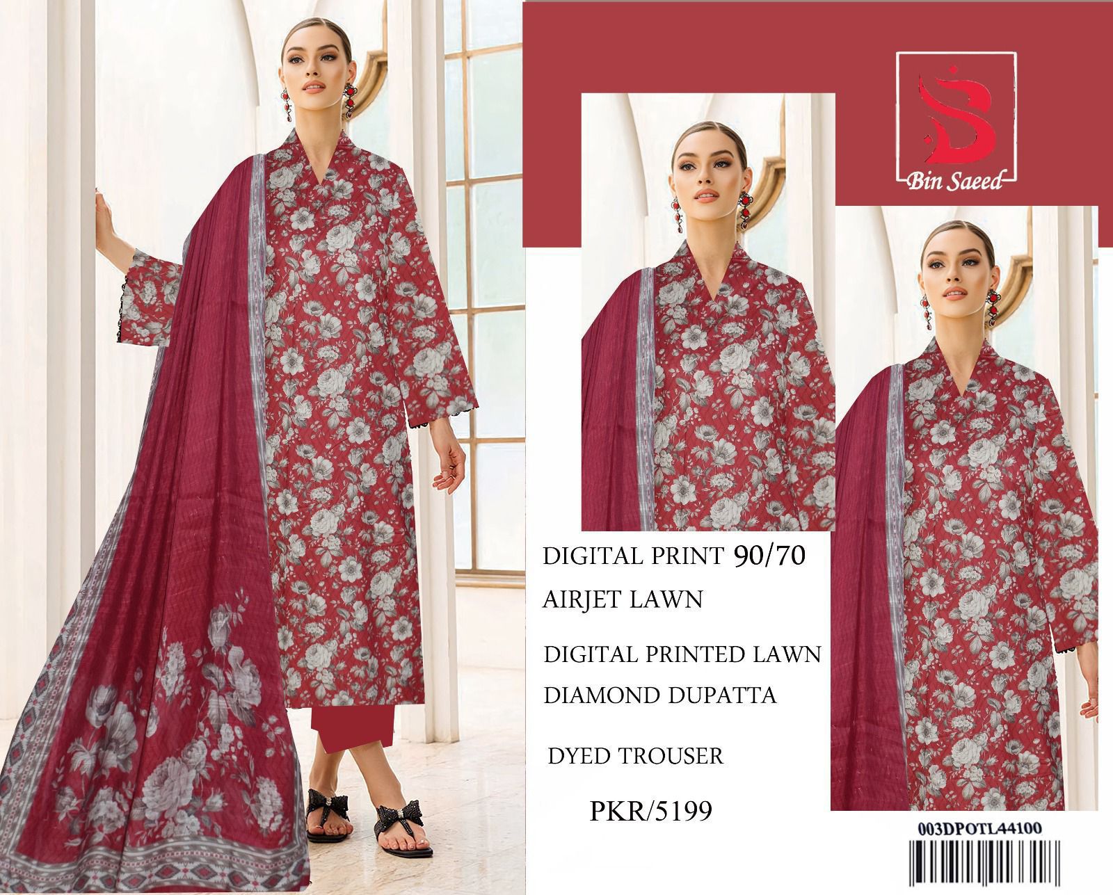 BIN SAEED LAWN PRINTED UNSTITCED 3PC✓