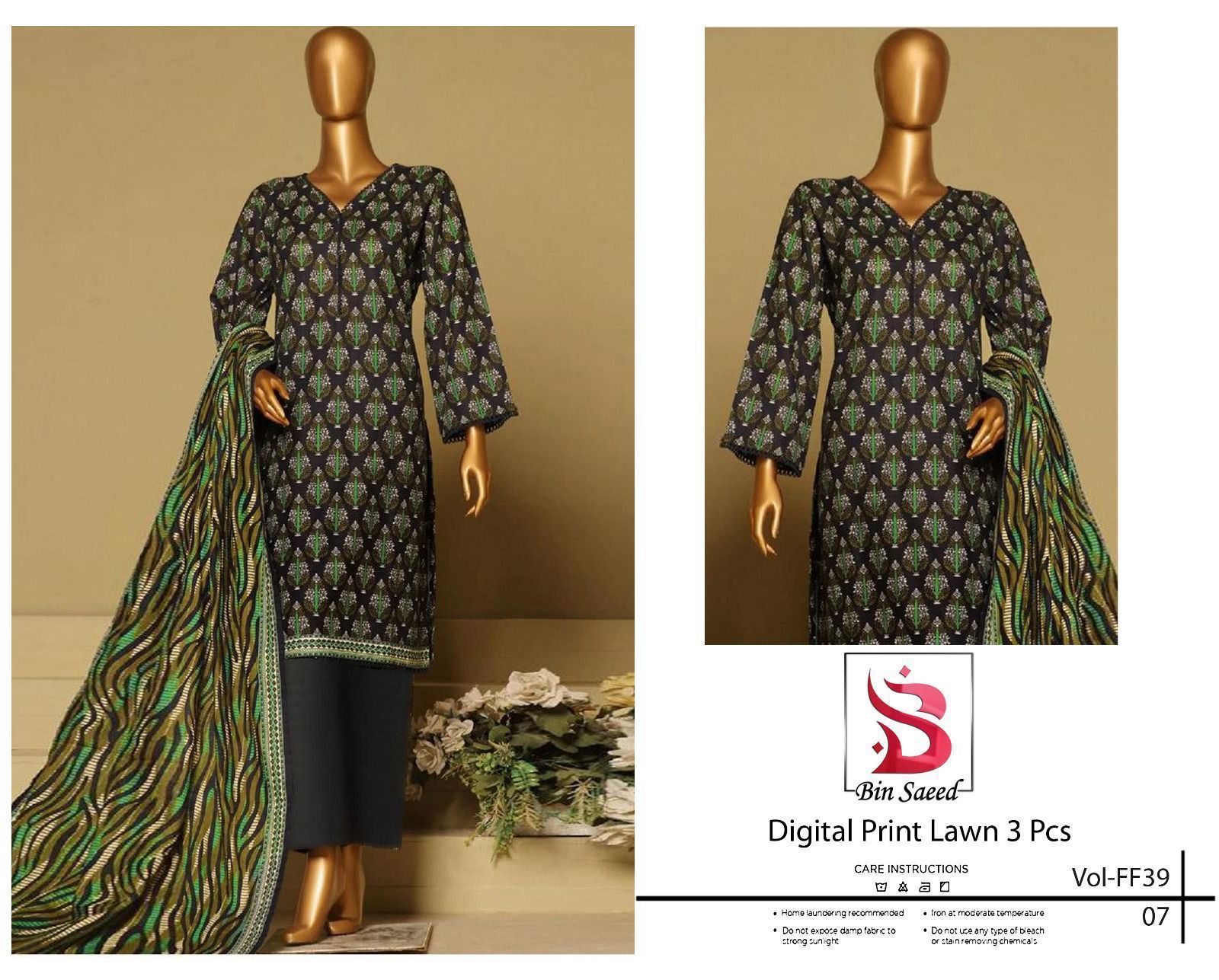 BIN SAEED LAWN PRINTED UNSTITCED 3PC✓