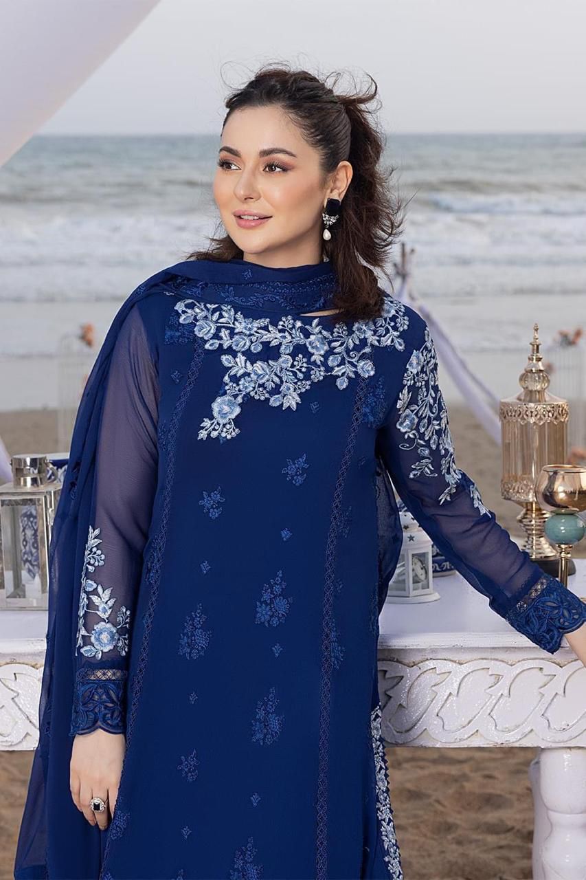 AZURE CHIFFON EMBROIDERED LUXURY UNSTICHED 3PC✓
