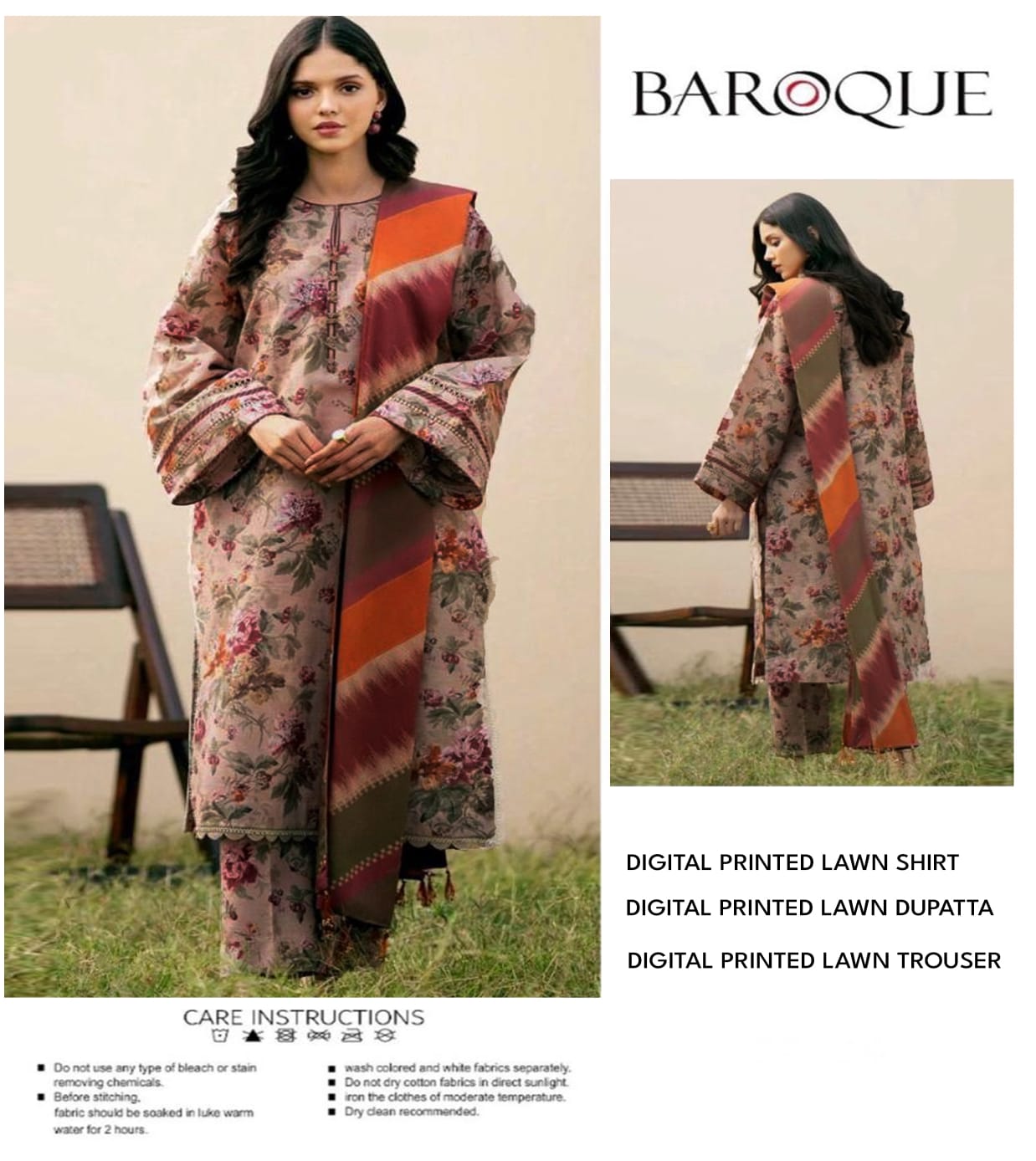 BAROQUE LAWN ALL OVER PRINTED UNSTITCED 3PC✓