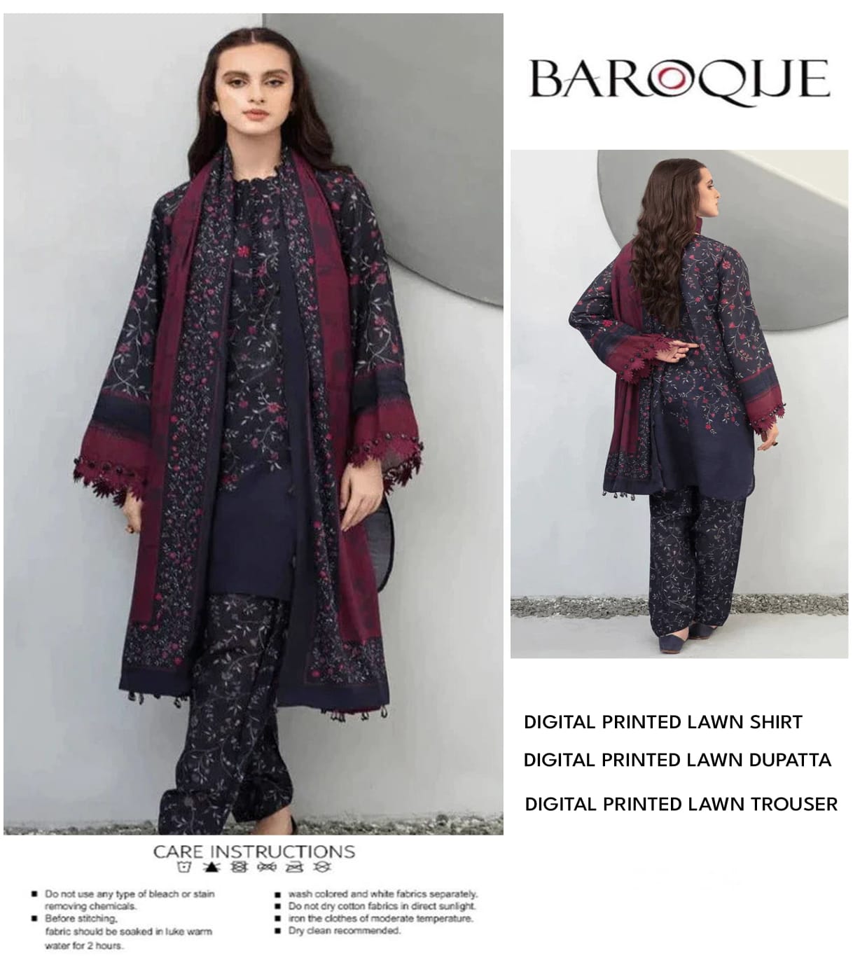 BAROQUE LAWN ALL OVER PRINTED UNSTITCED 3PC✓