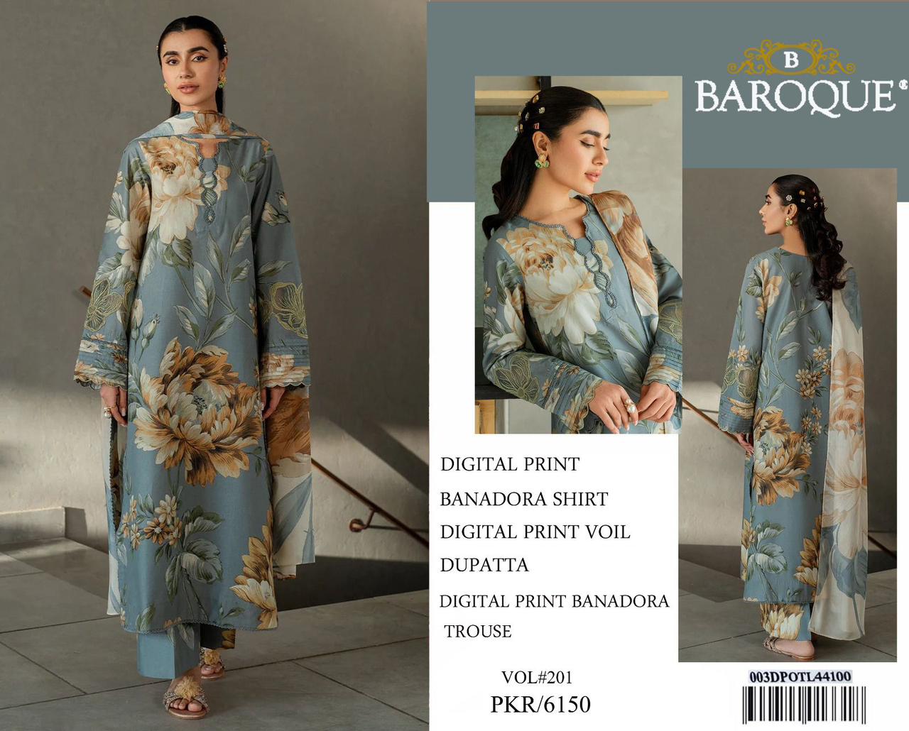 BAROQUE BANA DORA LAWN UNSTITCED 3PC✓