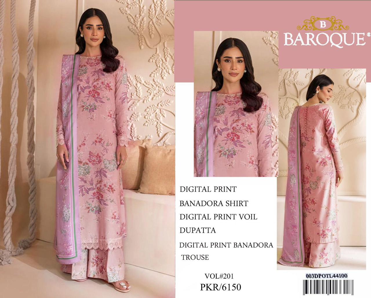BAROQUE BANA DORA LAWN UNSTITCED 3PC✓