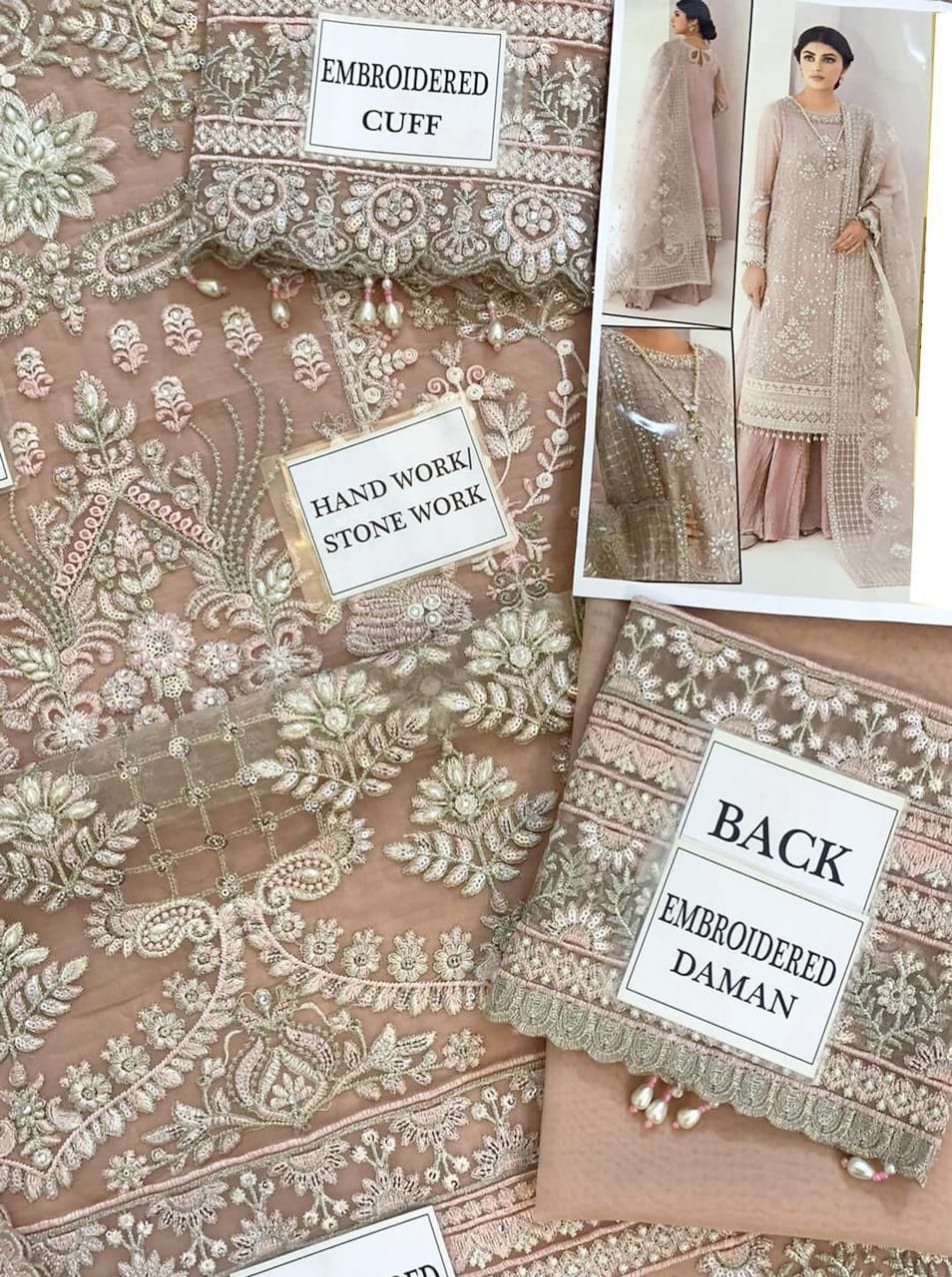 BAROQUE ORGANZA EMBROIDERED MOTI WORK & SEQUENCE LUXURY UNSTICHED 3PC✓