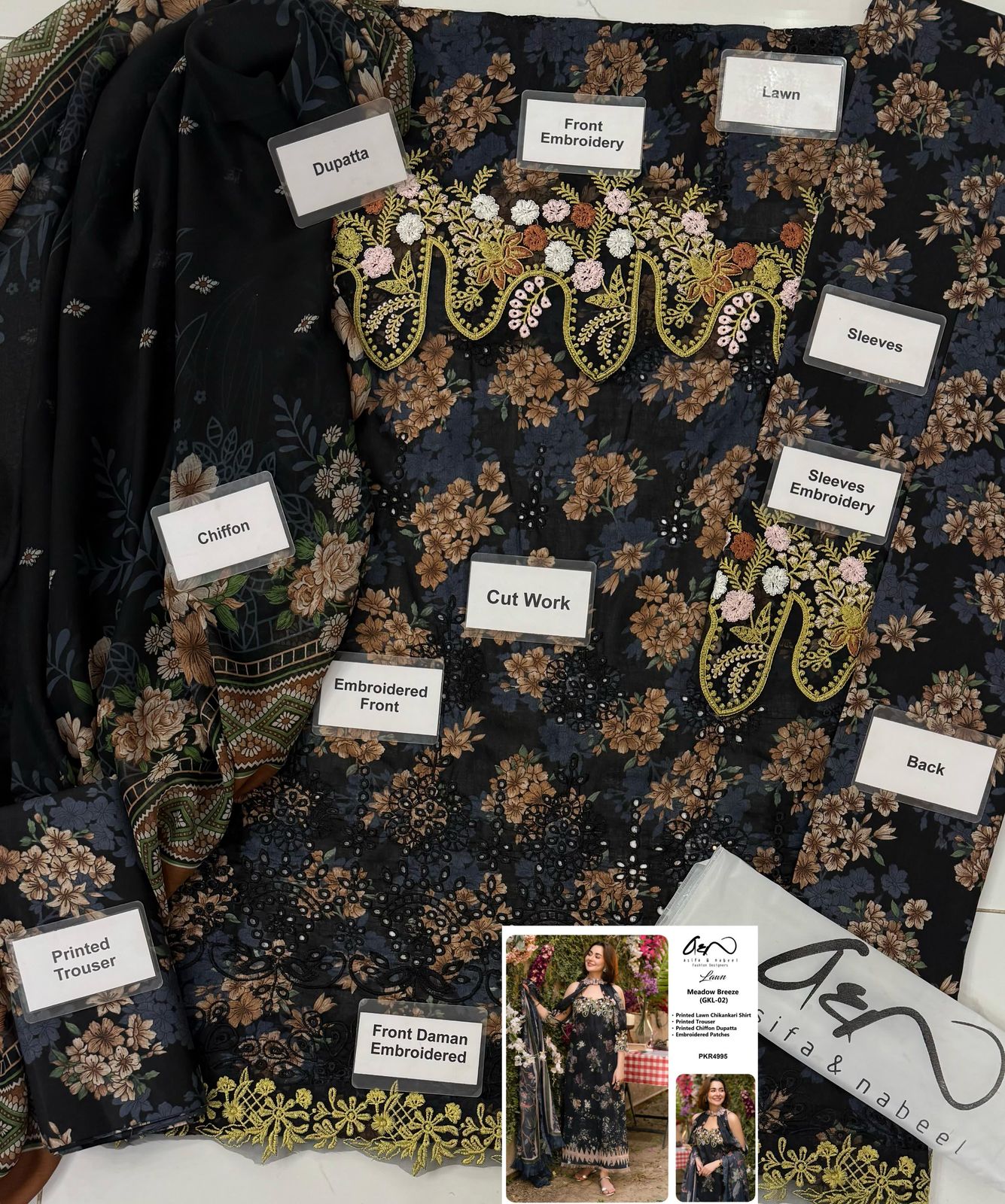ASIFA NABEEL LAWN PRINTED EMBROIDERED PATCH-WORK UNSTITCED 3PC✓