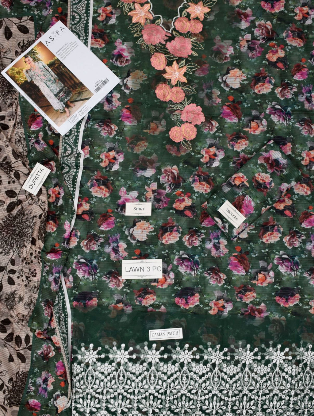 ASIFA NABEEL LAWN ALL OVER PRINTED EMBROIDERED PATCH WORK UNSTITCHED 3PC✓