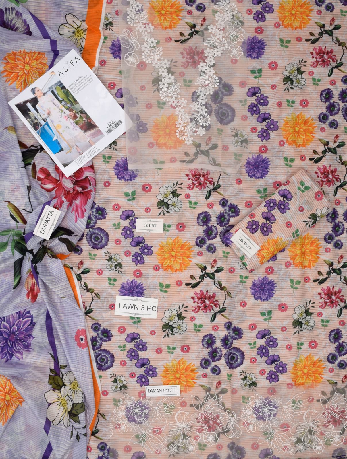 ASIFA NABEEL LAWN ALL OVER PRINTED EMBROIDERED PATCH WORK UNSTITCHED 3PC✓