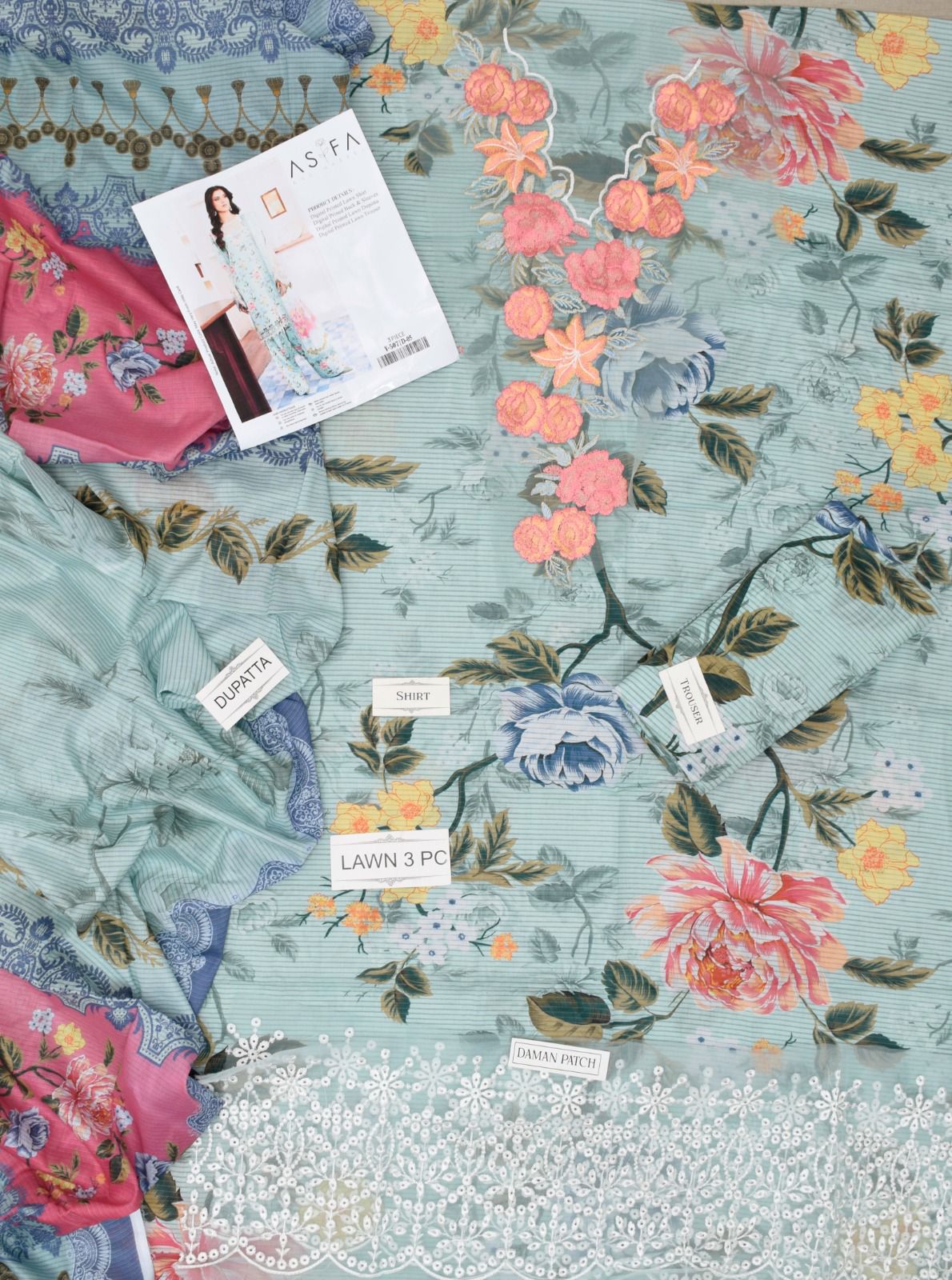 ASIFA NABEEL LAWN ALL OVER PRINTED EMBROIDERED PATCH WORK UNSTITCHED 3PC✓