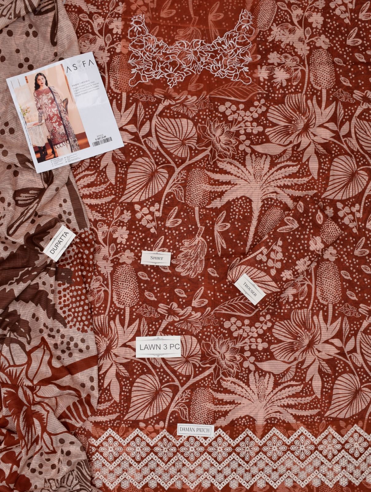 ASIFA NABEEL LAWN ALL OVER PRINTED EMBROIDERED PATCH WORK UNSTITCHED 3PC✓