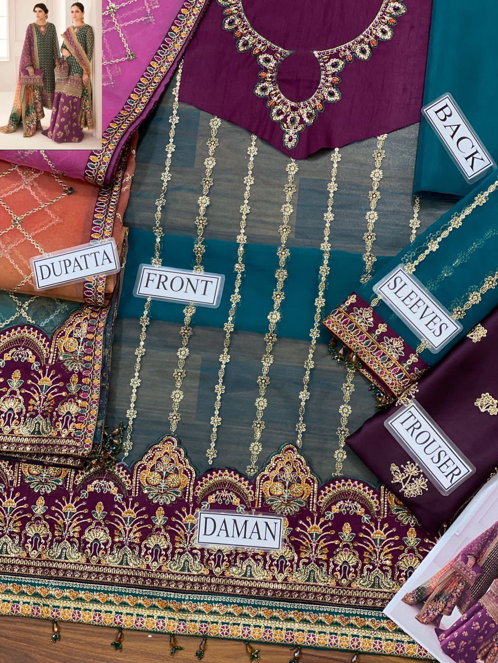 BAROQUE ORGANZA EMBROIDERED HAND EMBELLISHED LUXURY UNSTITCHED 3PC®✓