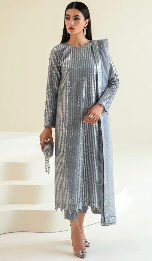 BAROQUE CHIFFON EMBROIDERED SEQUENCE LUXURY FORMAL UNSTITCED 3PC✓