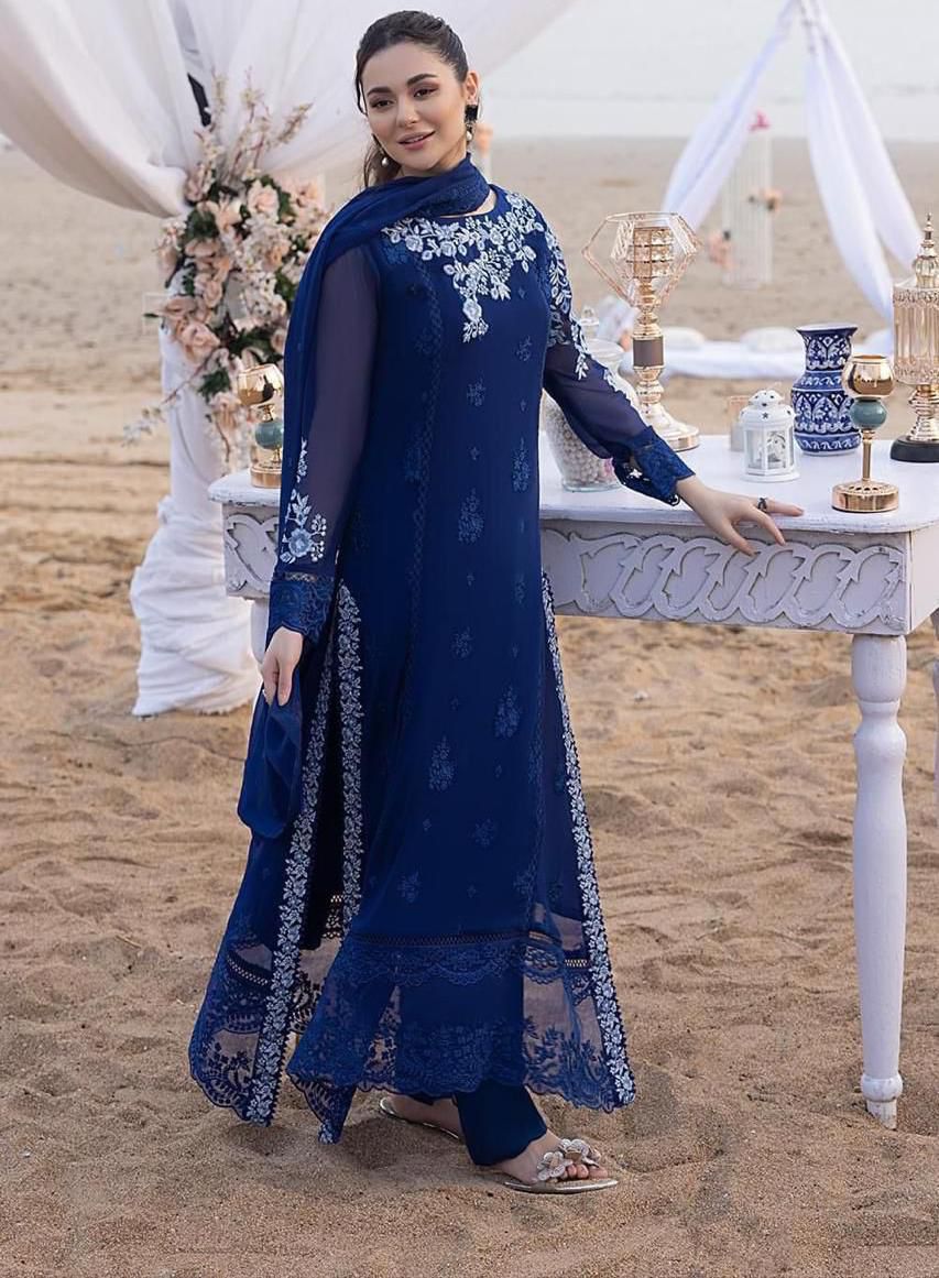 AZURE CHIFFON EMBROIDERED LUXURY UNSTICHED 3PC✓