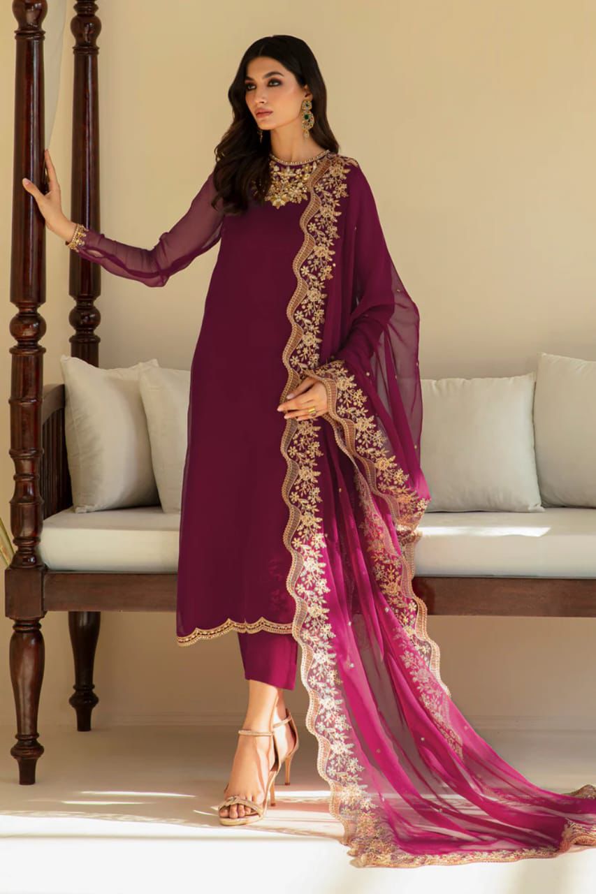 BAROQUE CHIFFON EMBROIDERED LUXURY UNSTICHED 3PC✓